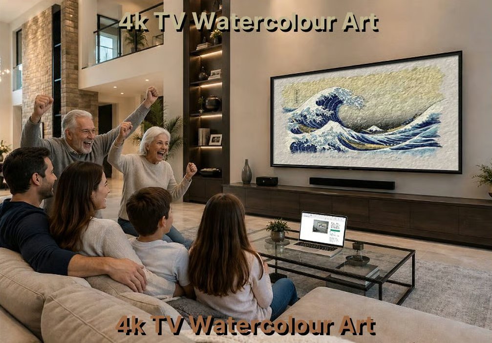 Inqsy watercolour version of The Great Wave on 4k TV - happy family watching