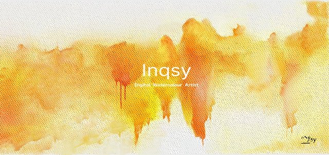 Inqsy text over yellow orange watery painting